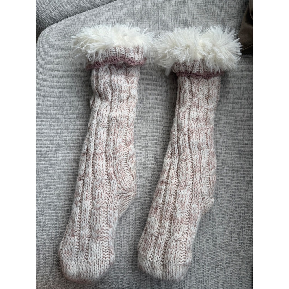 Lemon Cable Knit Slipper Socks Pink Faux Fur Lined Cozy Booties Cottagecore